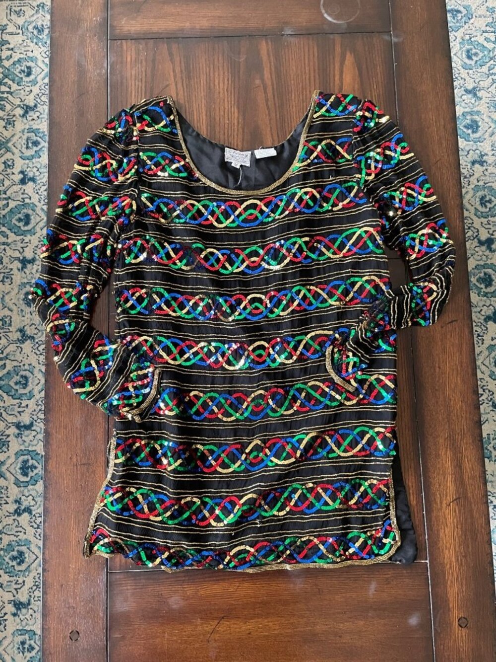 Vintage Stenay Silk Rainbow Sequin Shirt Scoop Neck Blouse Top Showgirl Sparkle - Picture 12 of 14